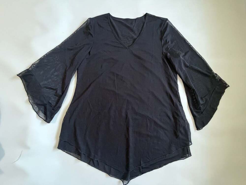 Black Mesh Sheer Flare Sleeve Top M V Neck Fairy Goth Whimsy Y2K Boho Layer